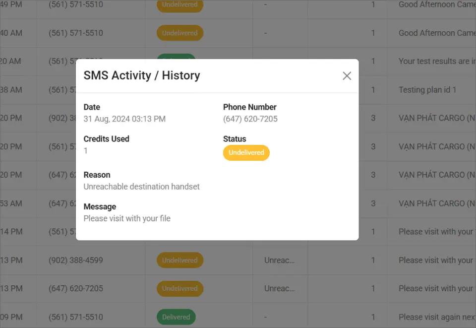 SMS History Dashboard - Details of a Particular Message Not Delivered Succesfully