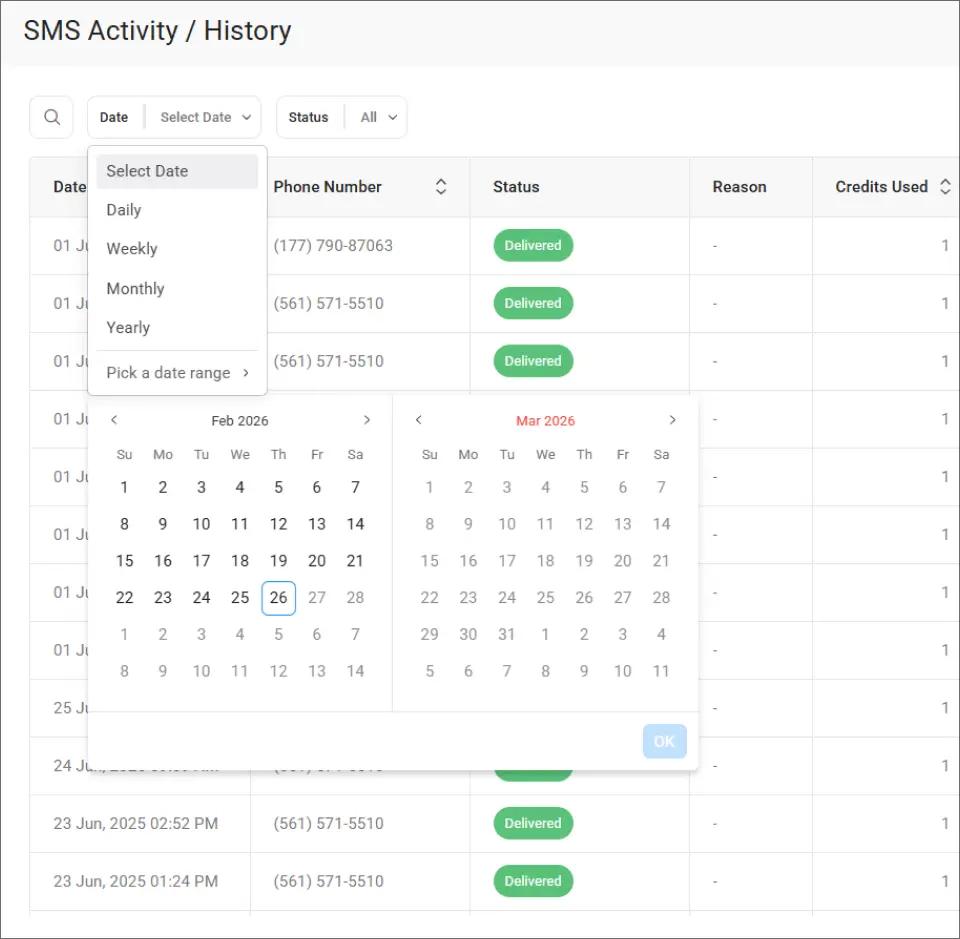 SMS History Dashboard - Filtering Through Date Ranges
