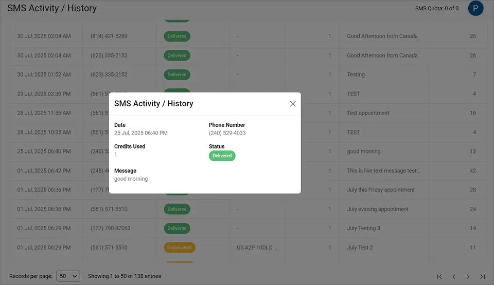 TextBolt - SMS History Dashboard - Details of a Particular Message Sent Succesfully