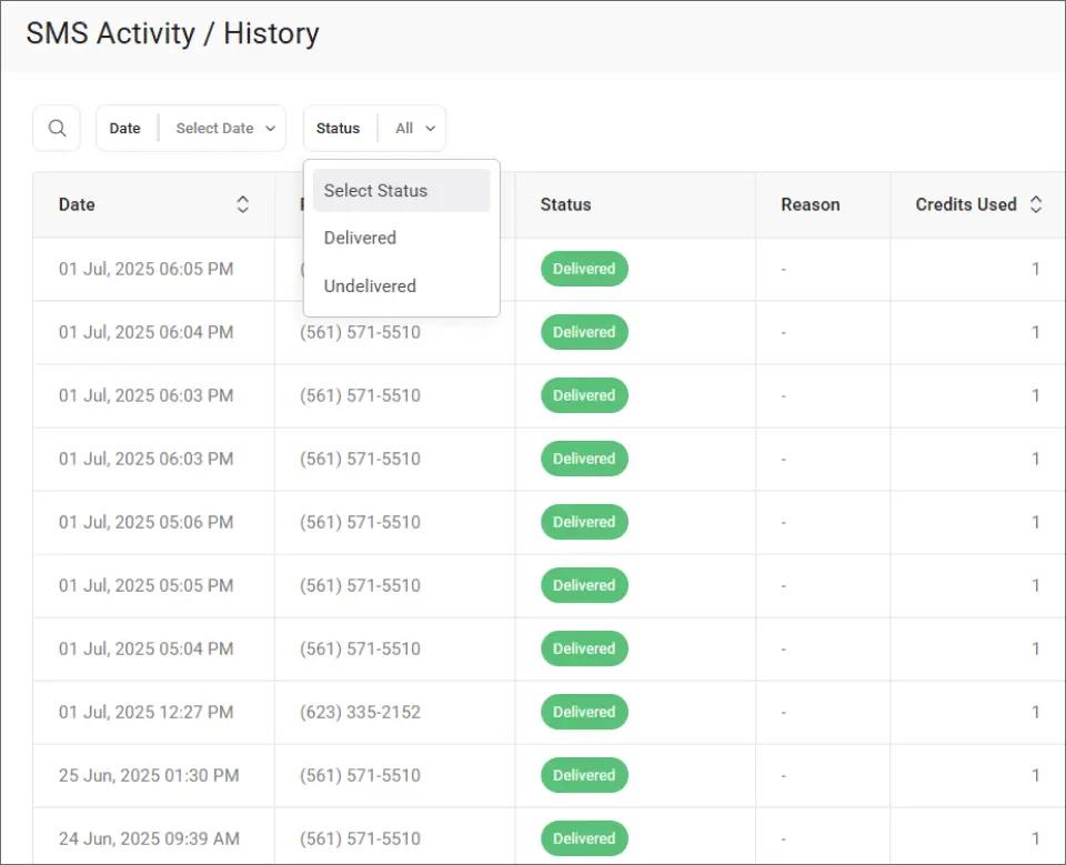 TextBolt - SMS History Dashboard - Filtering Through Delivery Status